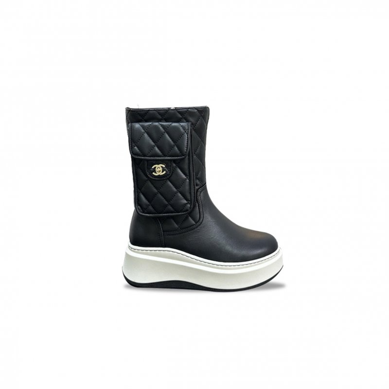 (image for) CHANEL QUILTED LEATHER PANEL SHORT BOOTS IN BLACK PATENT WHITE SOLE