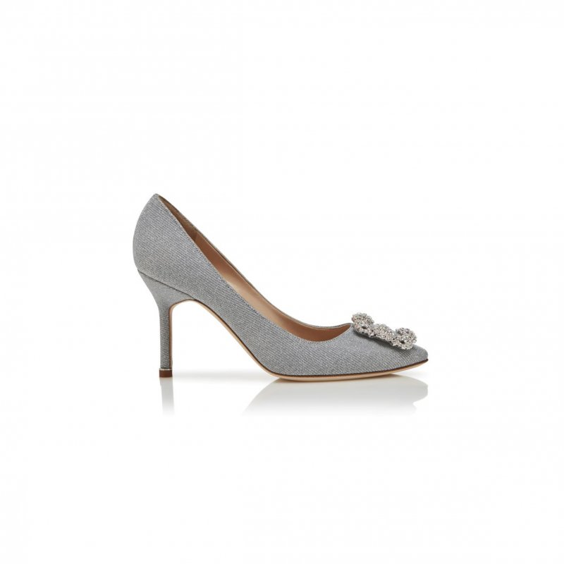 (image for) MANOLO BLAHNIK HANGISI GLITTER 90 SILVER GLITTER FABRIC JEWEL BUCKLE PUMPS 9XX-0599-0016