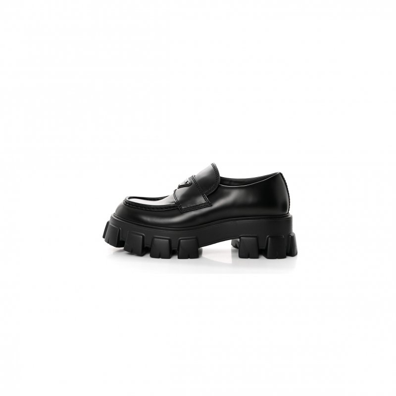 (image for) PRADA SPAZZOLATO ROIS METAL TRIANGLE LOGO MENS MONOLITH 55MM LOAFERS 6 BLACK