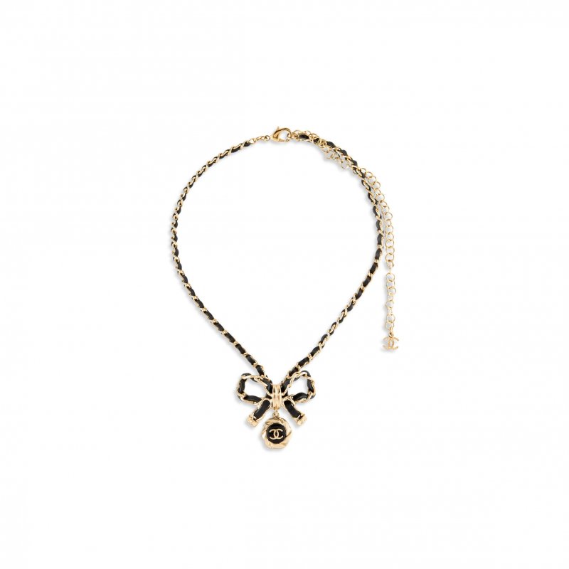 (image for) CHANEL LEATHER CHAIN BOW DROP NECKLACE AB8741