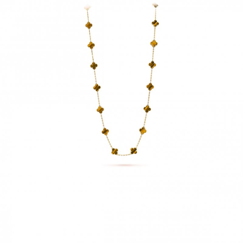 (image for) VAN CLEEF ARPELS VINTAGE ALHAMBRA LONG NECKLACE, 20 MOTIFS - YELLOW GOLD, TIGER EYE VCARD39900