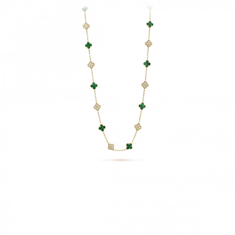 (image for) VAN CLEEF ARPELS VINTAGE ALHAMBRA LONG NECKLACE, 20 MOTIFS - YELLOW GOLD, DIAMOND, MALACHITE VCARO7GP00