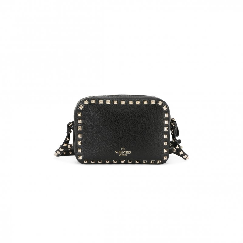 (image for) VALENTINO GARAVANI PEBBLED CALFSKIN ROCKSTUD CAMERA CROSSBODY BAG BLACK 168173 (18*13*8cm)