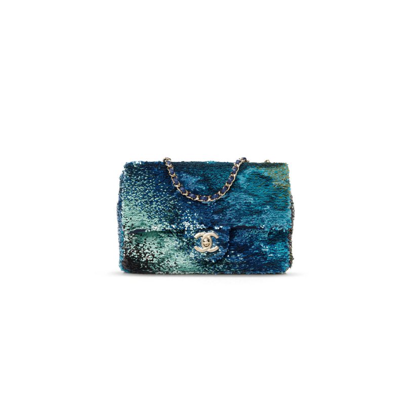 (image for) CHANEL MASTER SHADED SEQUINS MINI FLAP LIGHT GREEN DARK BROWN WHITE BLUE 1585379 (20*14*7cm)
