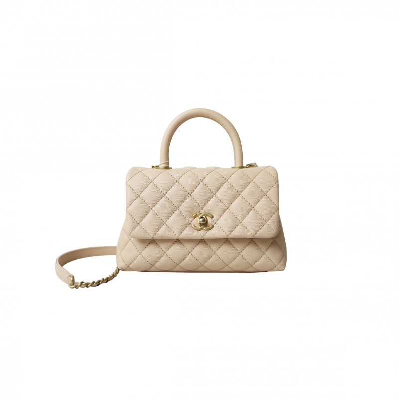 (image for) CHANEL MASTER COCO HANDLE MINI, BEIGE CAVIAR WITH GOLD HARDWARE (23*14*9cm)