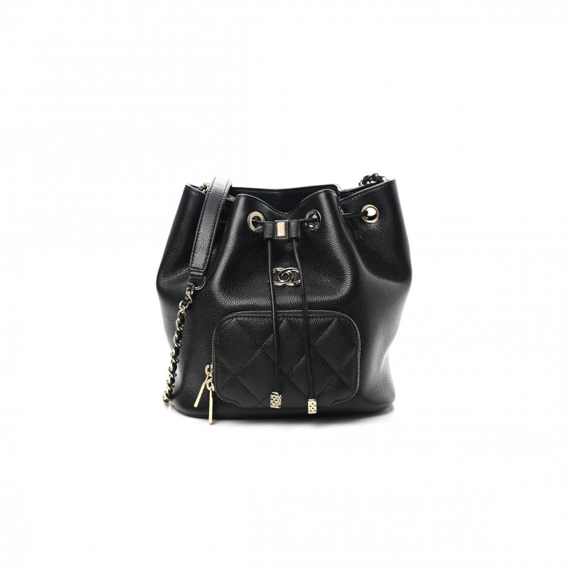 (image for) CHANEL MASTER CAVIAR QUILTED CC POCKET BUCKET BAG BLACK ROSE GOLD HARDWARE (19*18*8cm)