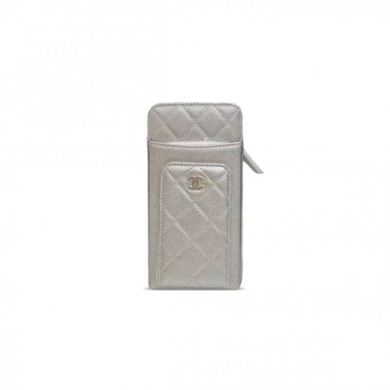 (image for) CHANEL CAVIAR QUILTED CC PHONE HOLDER METALLIC SILVER AP0990 (18*10*3cm)