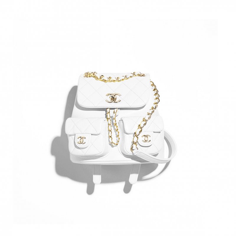 (image for) CHANEL SMALL BACKPACK GRAINED CALFSKIN & GOLD-TONE METAL WHITE AS3787 B16982 (17.5*16.5*10cm)