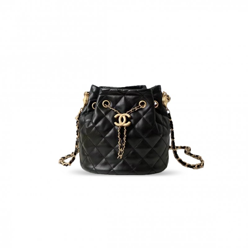 (image for) CHANEL CLASSIC DOUBLE C DIAMOND PATTERN BLACK LAMBSKIN BUCKET BAG AS2057 (23*20*12cm)