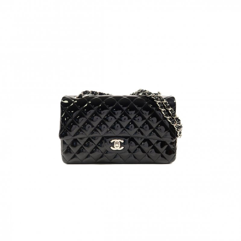 (image for) CHANEL JUMBO CLASSIC PATENT DOUBLE FLAP BLACK LEATHER SHOULDER BAG A01112 (25*15.5*6.5cm)