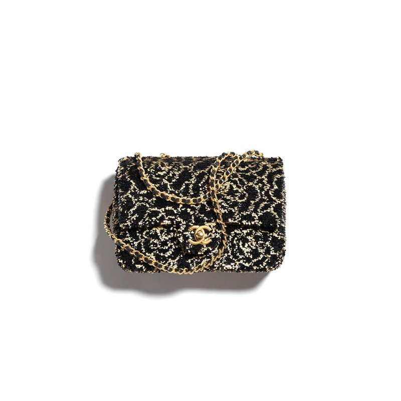 (image for) CHANEL FLAP BAG SEQUINS & GOLD-TONE METAL GOLDEN & BLACK AS4561 (21*14*8cm)