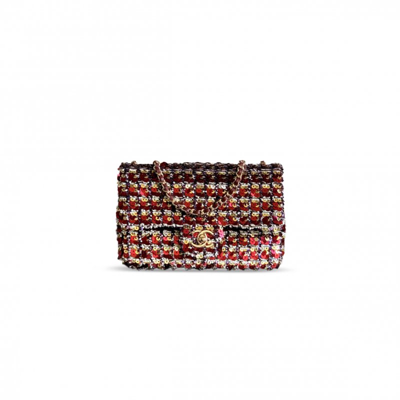 (image for) CHANEL FLAP BAG SEQUINS & GOLD-TONE METAL GOLDEN & DATE RED AS4561 (21*14*8cm)
