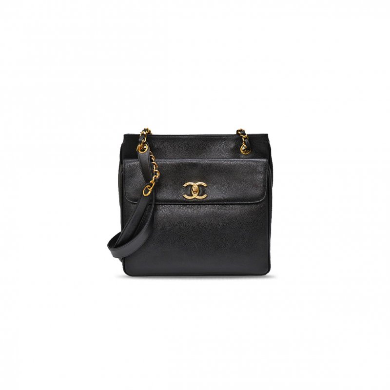 (image for) CHANEL BLACK CAVIAR DOUBLE CHAIN SHOULDER TOTE BAG GOLD A05456 (29*28*9cm)