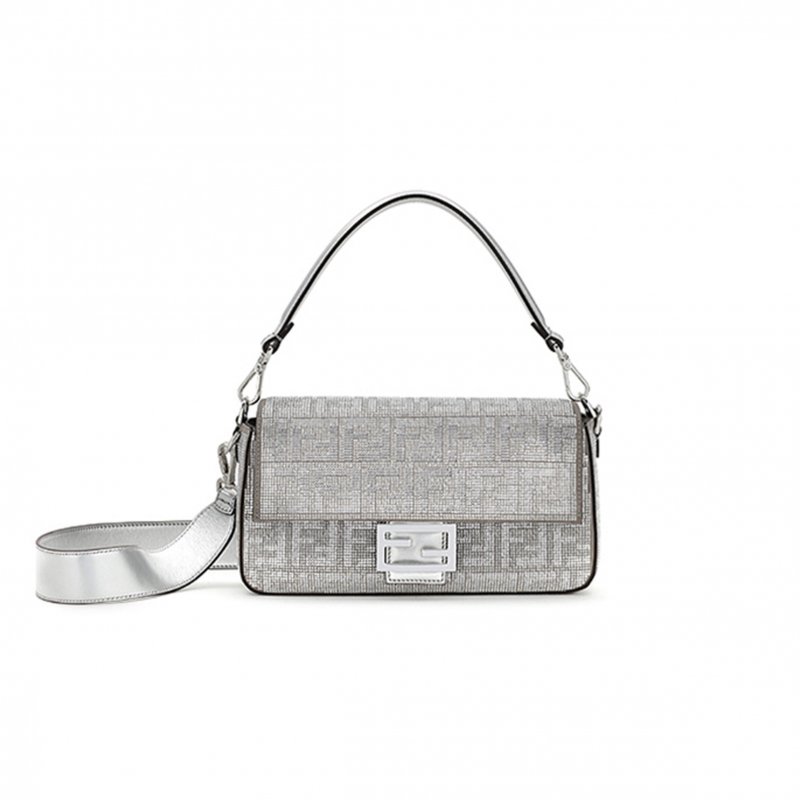 (image for) FENDI CRYSTAL VITELLO LAMINATO FF MEDIUM BAGUETTE CRYSTAL ARGENTO 8BR600APKFF1JSU (27*15*6cm)