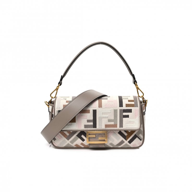 (image for) FENDI CANVAS VITELLO SETA FF MULTICOLOR EMBROIDERED BAGUETTE GREZZO MULTICOLOR TORTORA (28*16*6cm)