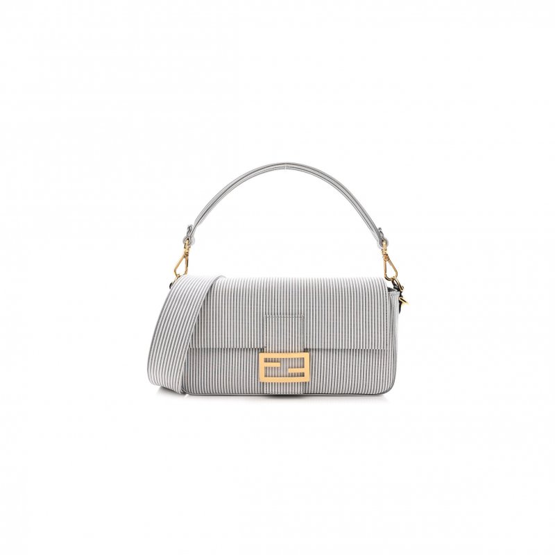 (image for) FENDI COTTON CUOIO BRETAGNA STRIPED BAGUETTE GRIGIO WHITE BLACK (27*15*6cm)