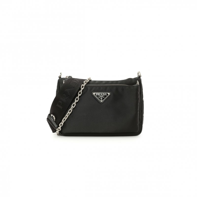(image for) PRADA BLACK RE-NYLON SAFFIANO DOUBLE POUCH SHOULDER BAG 1BH168 (22*16*4.5cm)