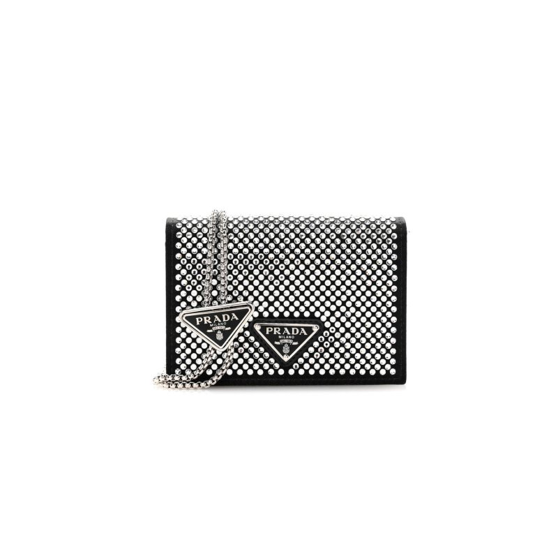 (image for) PRADA SATIN CRYSTAL METAL TRIANGLE LOGO CARD HOLDER WITH STRAP CRISTAL 1MR024 (11.5*8cm)