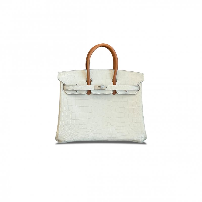 (image for) HERMÈS MASTER BIRKIN 25 CROCODILE LEATHER MILKSHAKE WHITE AND SADDLE LEATHER SILVER BUCKLE H041354CK46 (25*20*13cm)