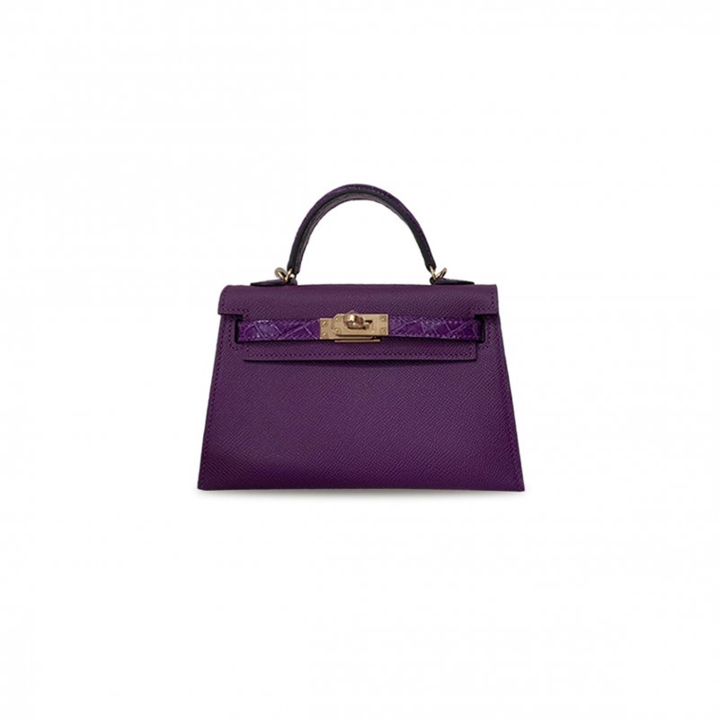 (image for) HERMÈS MASTER MINI KELLY II EPSOM LEATHER ANEMONE PURPLE AMERICAN ALLIGATOR CRYSTAL PURPLE GOLD BUCKLE HARDWARE (19*12*5.5cm)