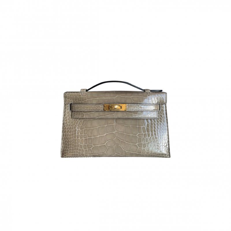 (image for) HERMÈS MASTER MINI KELLY CLUTCH SHINY NILOTICUS SHINY CROCODILE LEATHER TRENCH COAT GRAY GOLD BUCKLE (22*14*7cm)