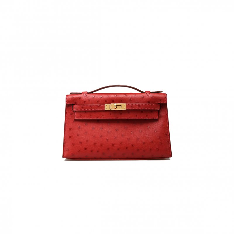(image for) HERMÈS MASTER KELLY POCHETTE BAG ROUGE VIF RED OSTRICH CLUTCH GOLD HARDWARE (22*14*7cm)