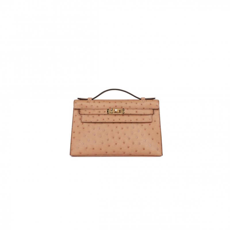 (image for) HERMES MASTER KELLY POCHETTE CHAI OSTRICH GOLD HARDWARE (22*12*13cm)