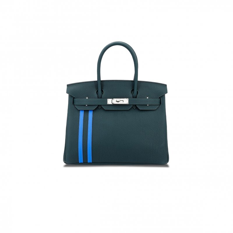 (image for) HERMÈS BIRKIN 25 TOGO LEATHER CYPRESS GREEN AND GLASS BLUE WITH SILVER BUCKLE BAG 8241275657 (25*20*13cm)