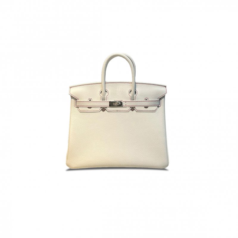 (image for) HERMES BIRKIN 25 TOGO LEATHER PURE WHITE COLOR MATCHING INNER LEATHER MATCHING ROSE RED SILVER BUCKLE 7600214487 (25*20*13cm)