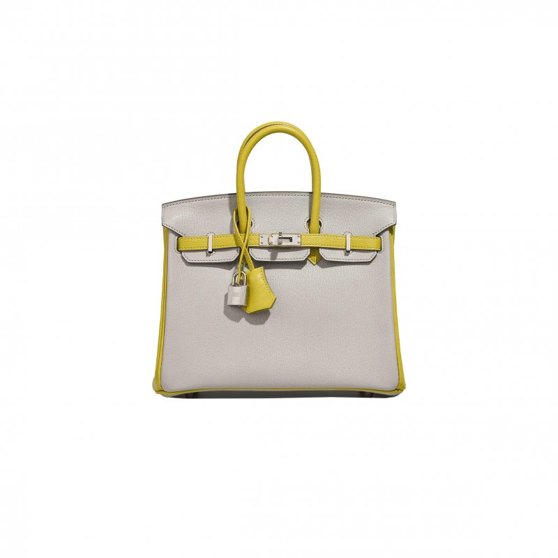 (image for) HERMÈS BIRKIN 25 SWIFT LEATHER PEARL GREY LEMON YELLOW SILVER BUCKLE BAG 3237 (25*20*13cm)