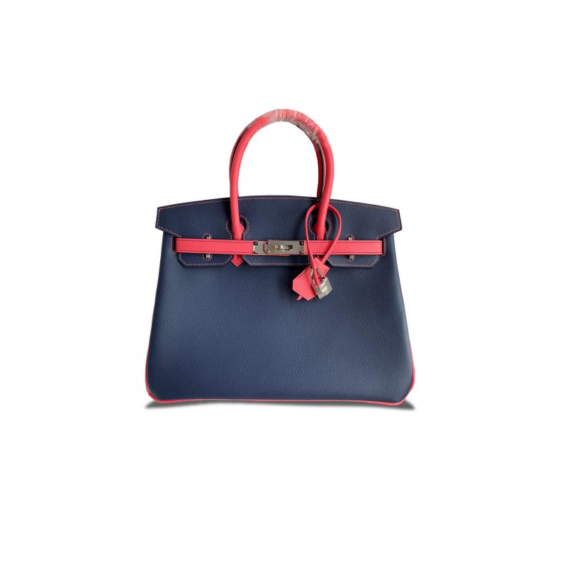 (image for) HERMES BIRKIN 30 EPSOM DARK BLUE LIPSTICK PINK SILVER BUCKLE 91314626193 (30*23*15cm)