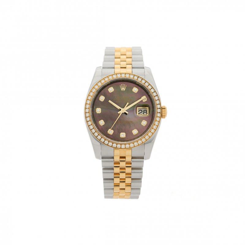 (image for) ROLEX STAINLESS STEEL 18K YELLOW GOLD DIAMOND BLACK MOTHER OF PEARL 36MM OYSTER PERPETUAL DATEJUST WATCH 116243