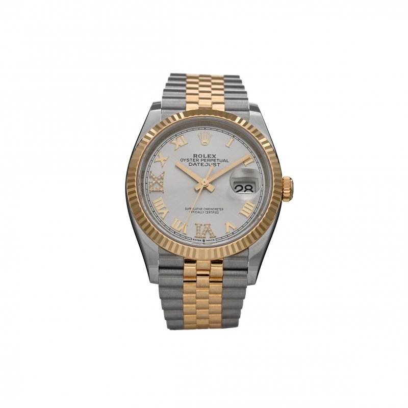 (image for) ROLEX STAINLESS STEEL 18K YELLOW GOLD DIAMOND 36MM OYSTER PERPETUAL DATEJUST WATCH SILVER ROMAN 126233