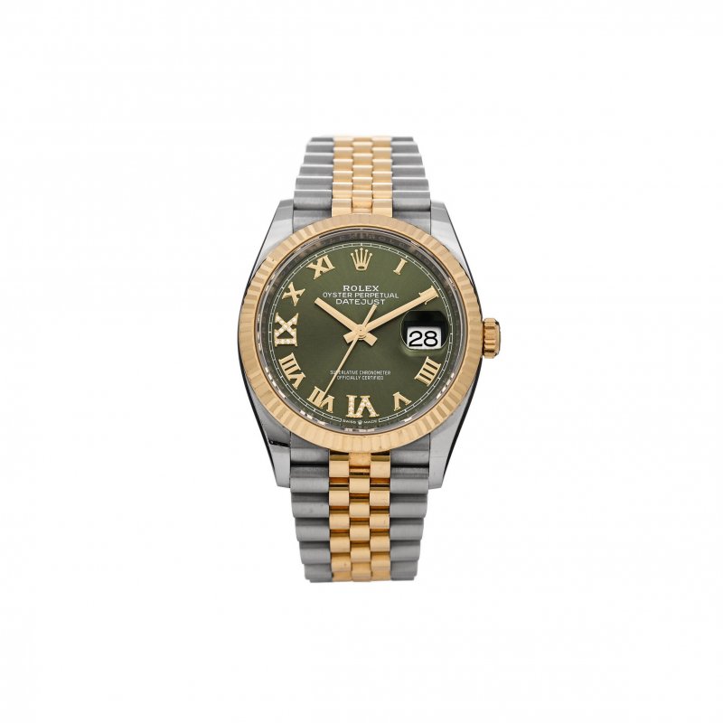 (image for) ROLEX STAINLESS STEEL 18K YELLOW GOLD DIAMOND 36MM OYSTER PERPETUAL DATEJUST WATCH OLIVE GREEN ROMAN 126233