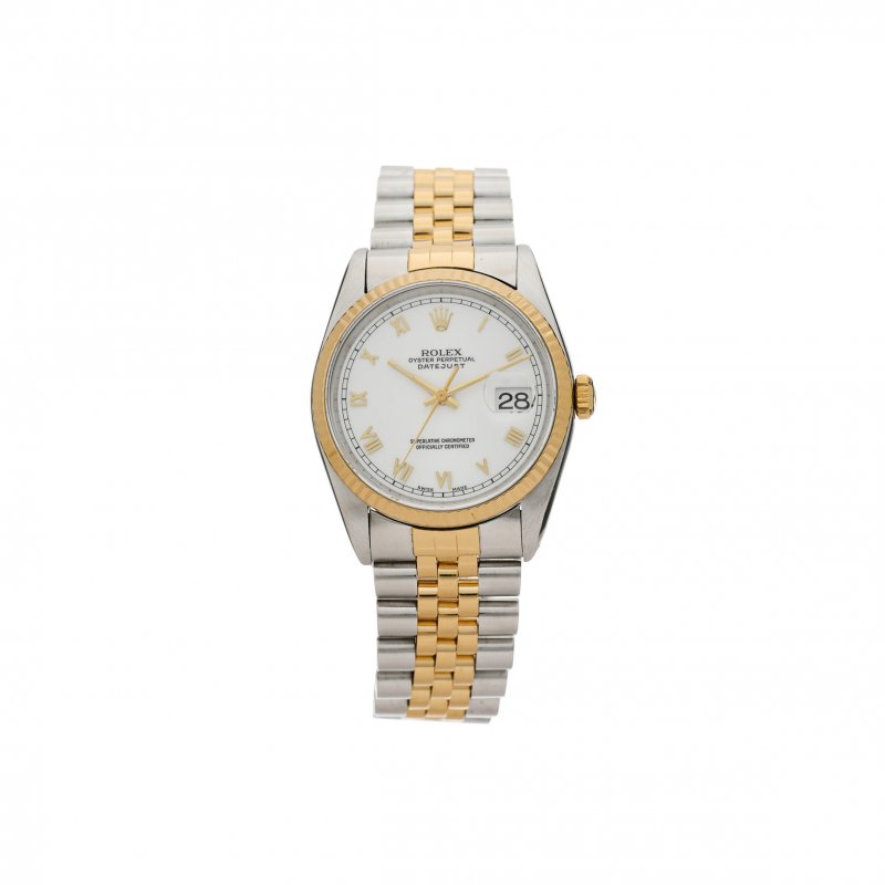 (image for) ROLEX STAINLESS STEEL 18K YELLOW GOLD 36MM OYSTER PERPETUAL DATEJUST WATCH WHITE ROMAN 16233