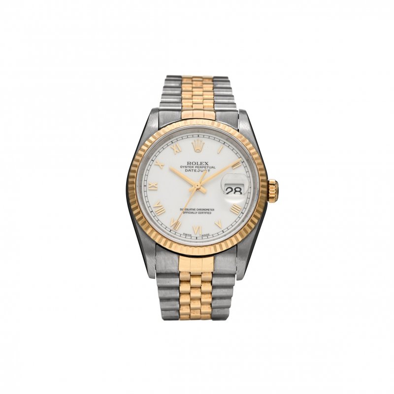 (image for) ROLEX STAINLESS STEEL 18K YELLOW GOLD 36MM OYSTER PERPETUAL DATEJUST WATCH WHITE ROMAN 16233